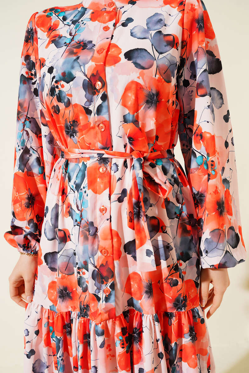 Belted Mixed-Print Button Dress - Salmon
