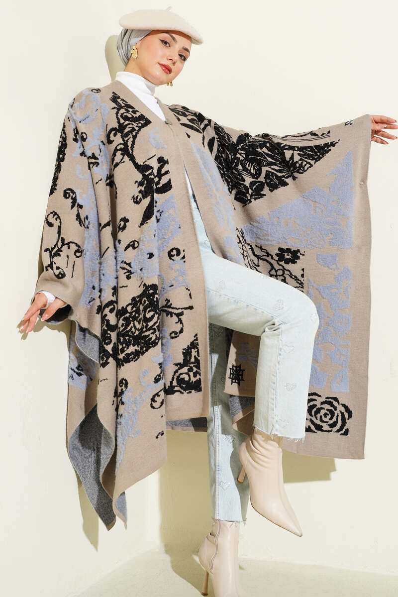Mixed Pattern Poncho - Sand