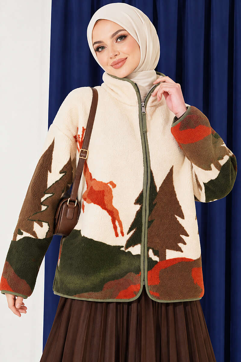 Mixed-Pattern Plush Jacket - Khaki