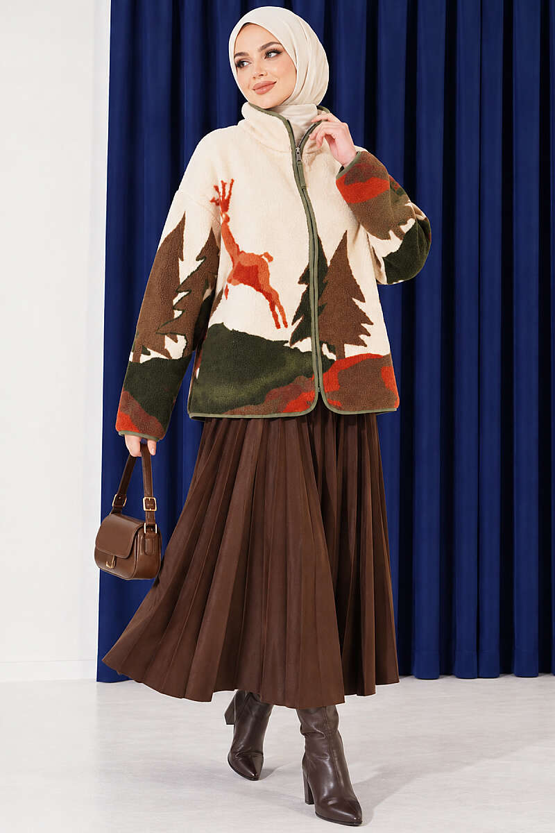 Mixed-Pattern Plush Jacket - Khaki