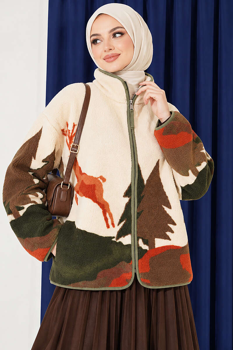 Mixed-Pattern Plush Jacket - Khaki