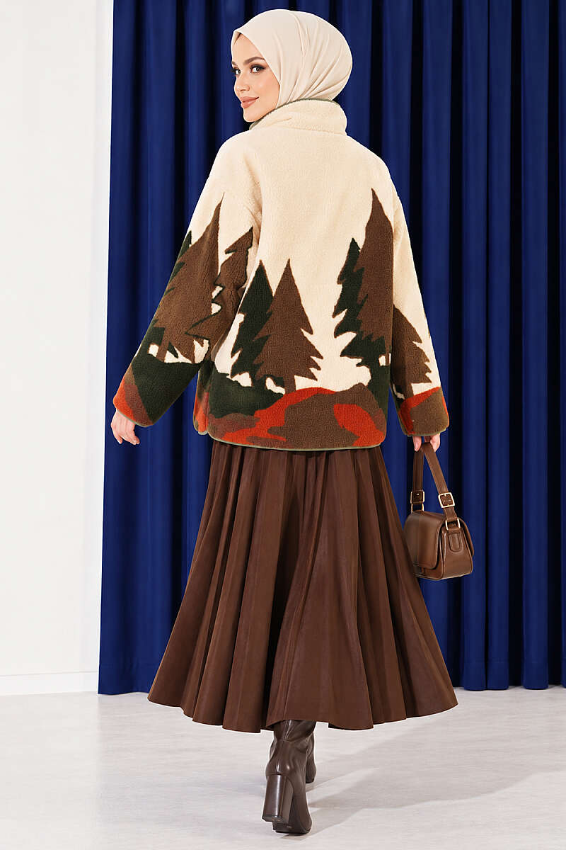 Mixed-Pattern Plush Jacket - Khaki