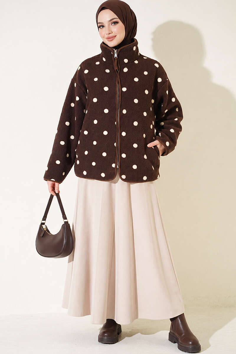 Mixed-Pattern Plush Jacket - Brown