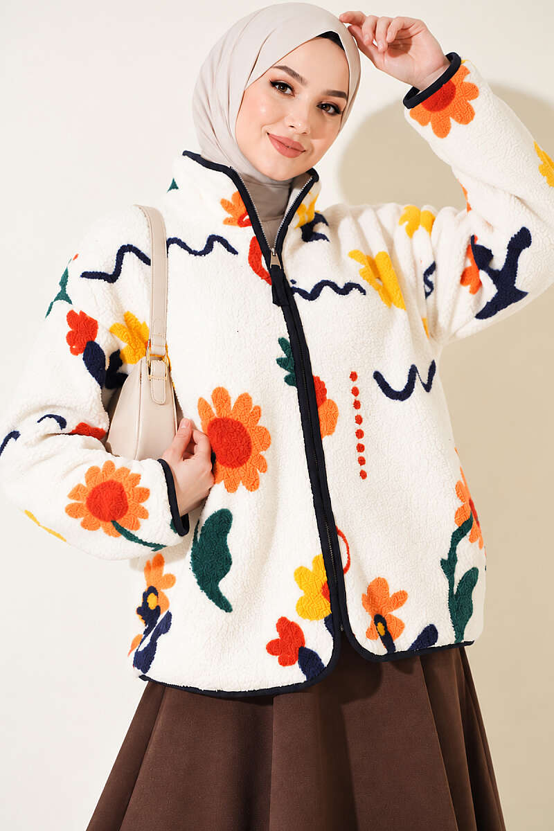 Mixed-Pattern Plush Jacket - Navy