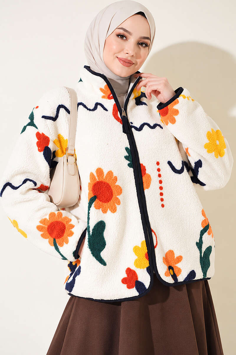 Mixed-Pattern Plush Jacket - Navy