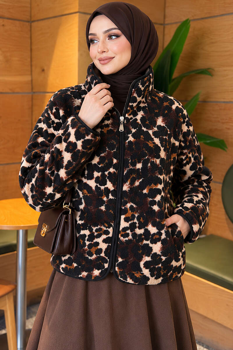 Mixed-Pattern Plush Jacket - Leopard