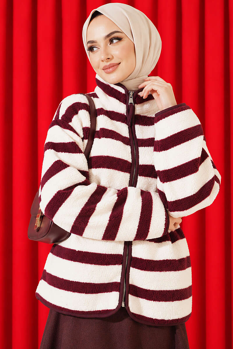 Mixed-Pattern Plush Jacket - Plum