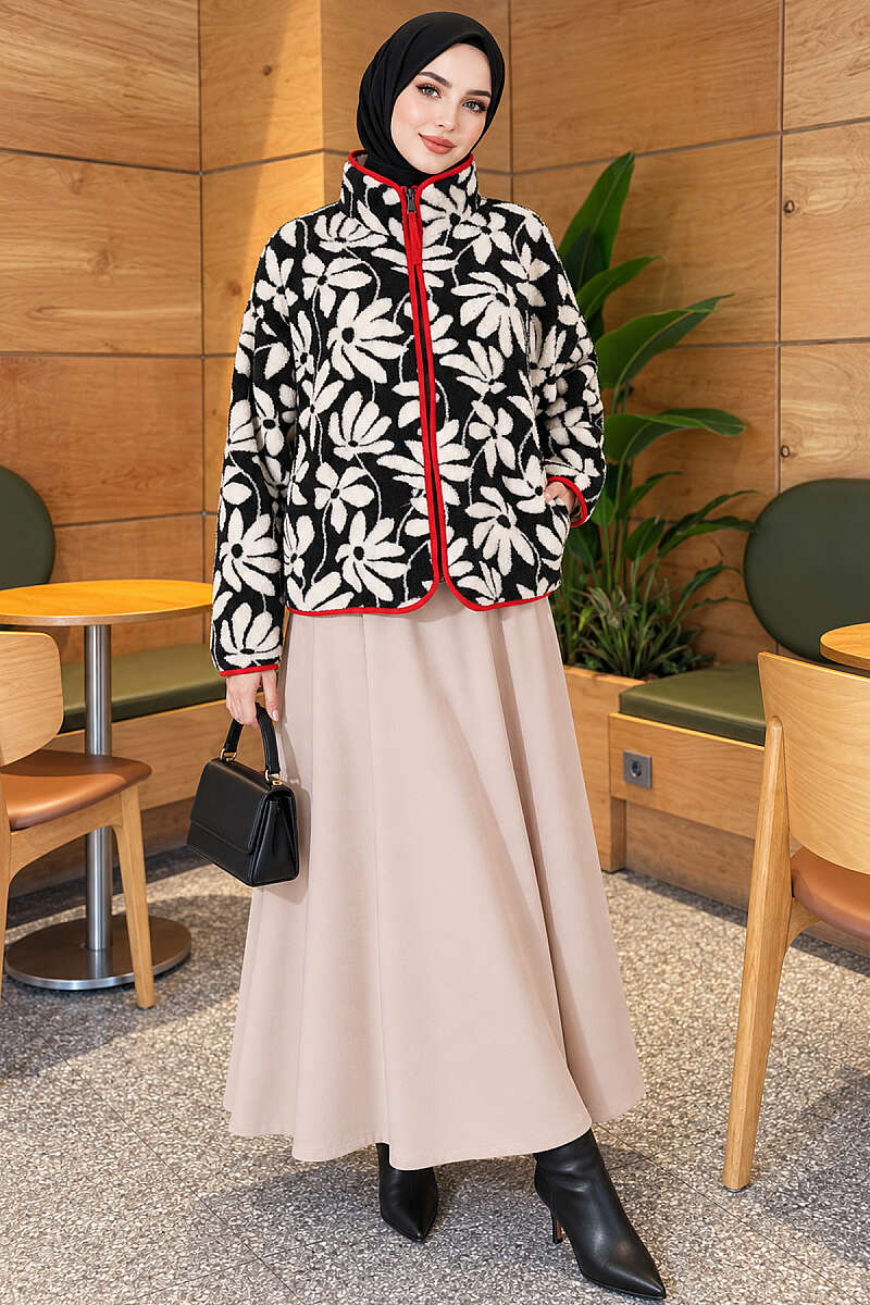 Mixed-Pattern Plush Jacket - Black