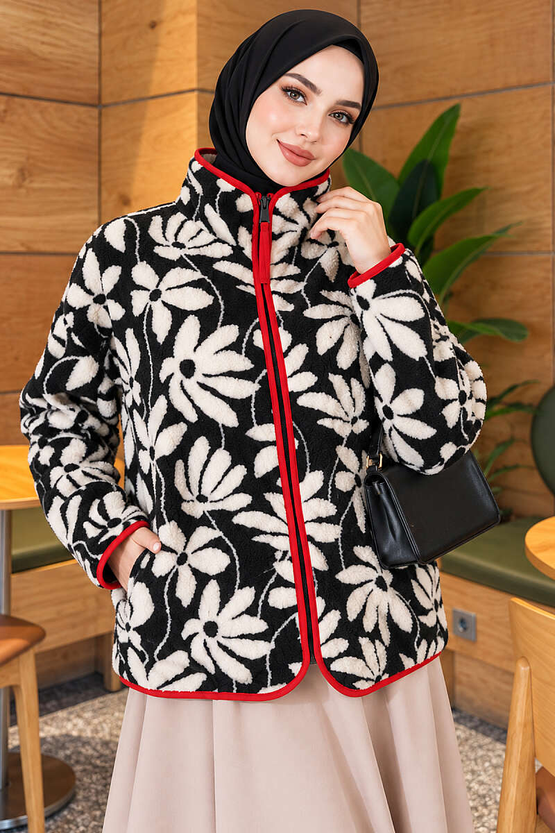 Mixed-Pattern Plush Jacket - Black