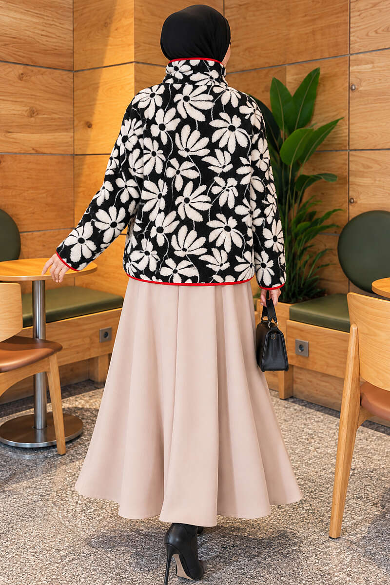Mixed-Pattern Plush Jacket - Black