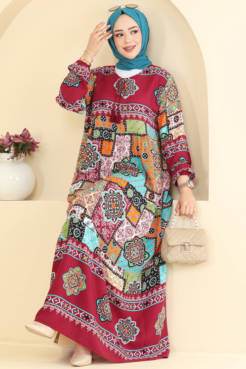 Mixed-Print Viscose Dress - Burgundy