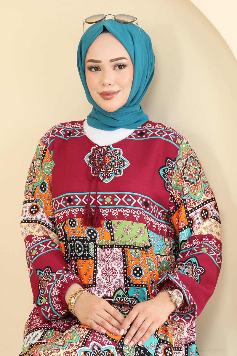 Mixed-Print Viscose Dress - Burgundy