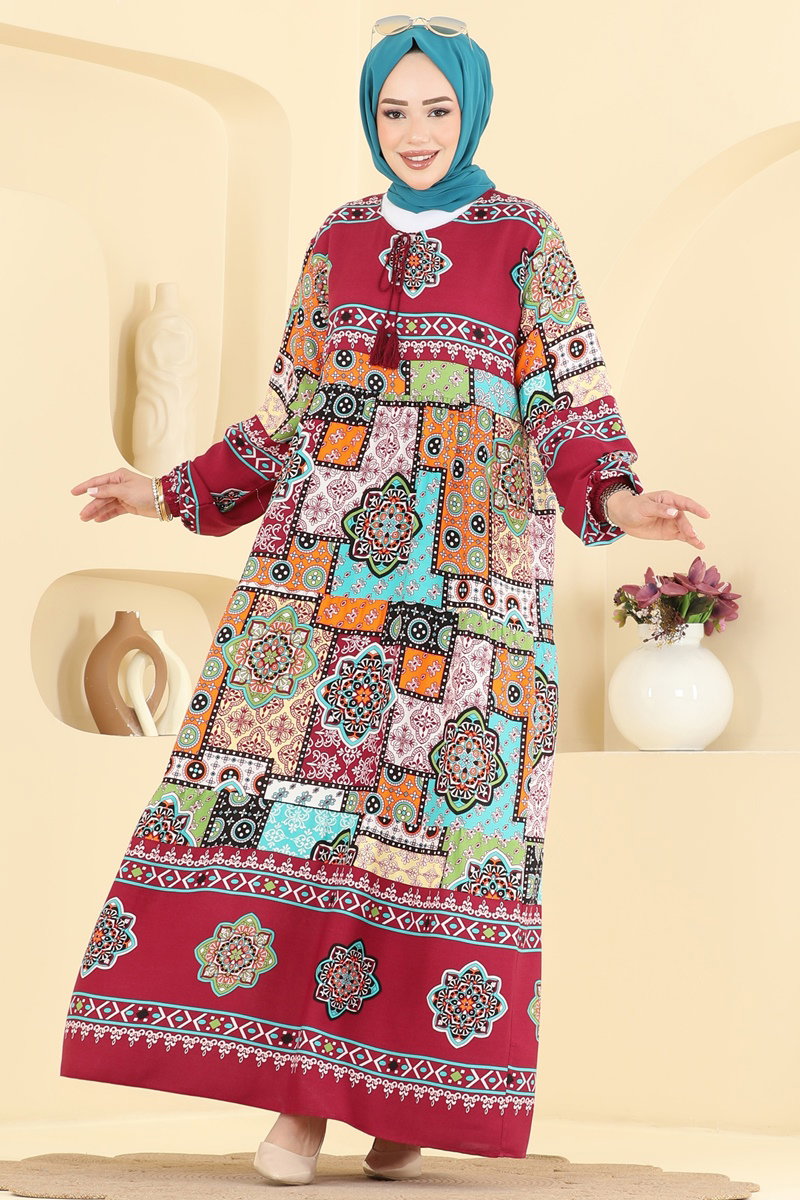 Mixed-Print Viscose Dress - Burgundy