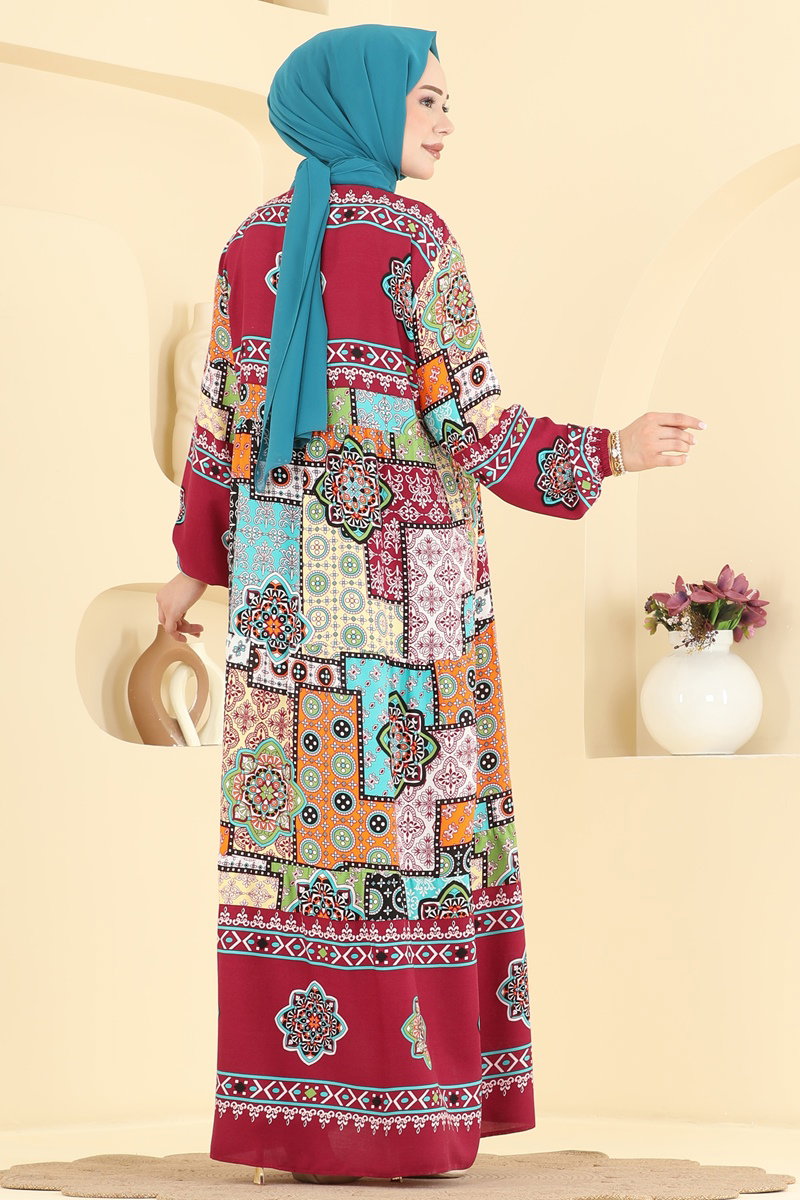 Mixed-Print Viscose Dress - Burgundy