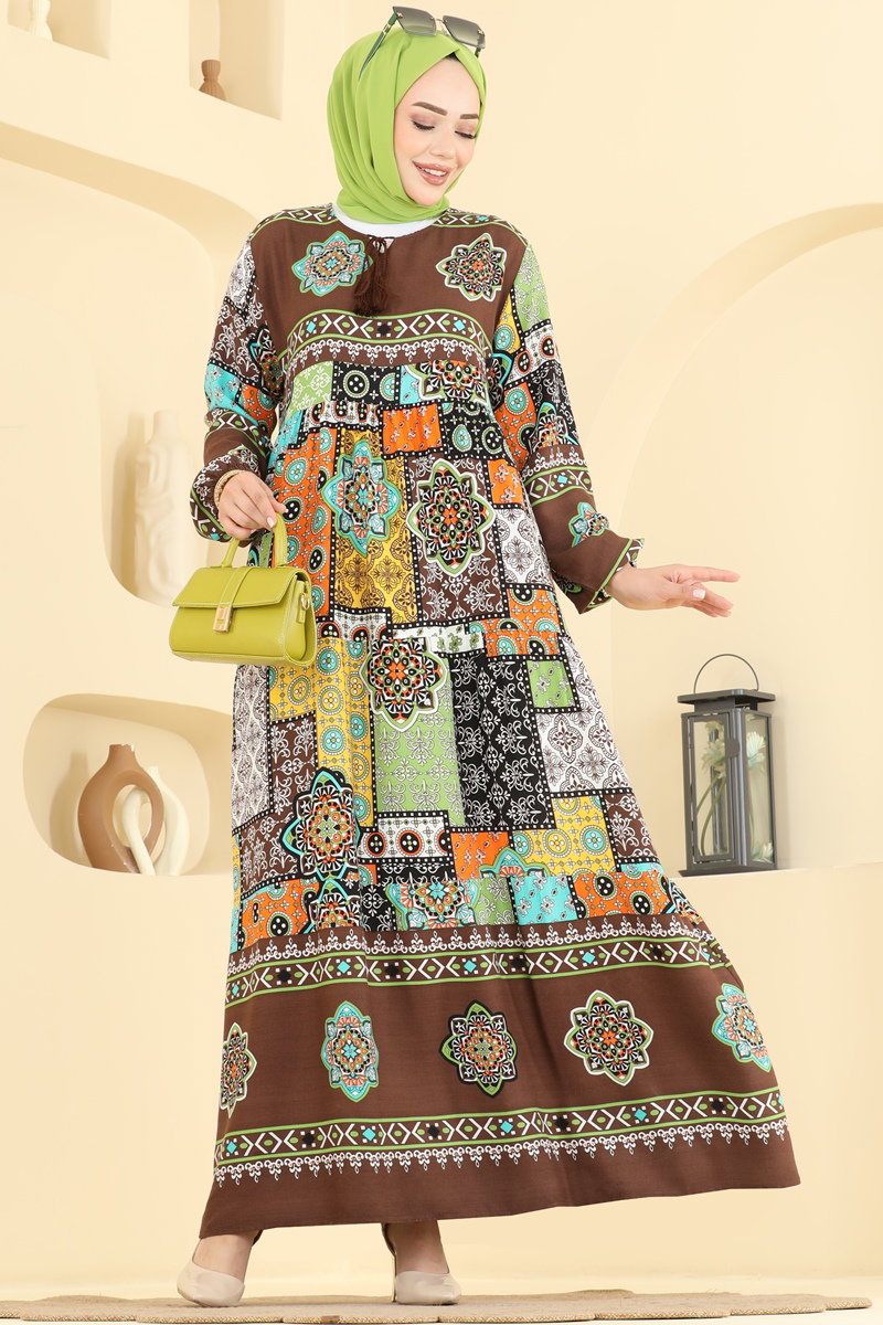 Mixed-Print Viscose Dress - Brown