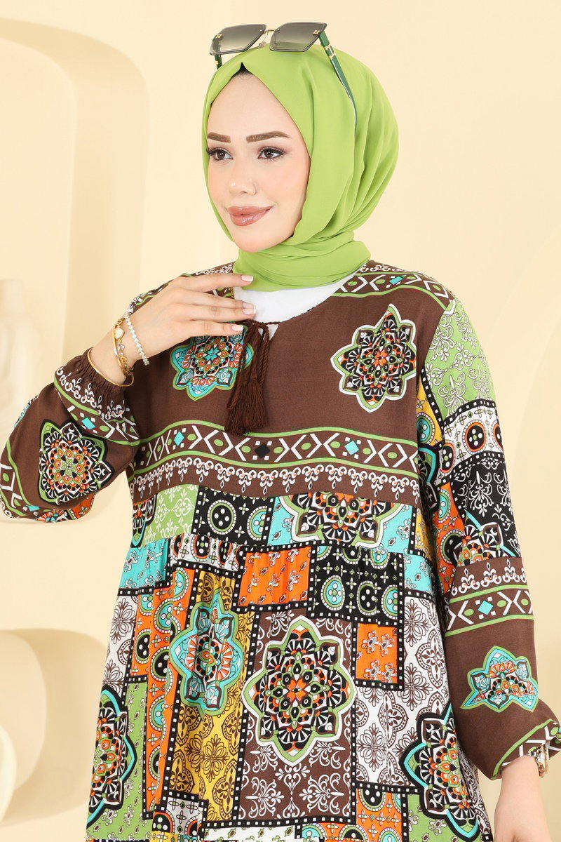 Mixed-Print Viscose Dress - Brown