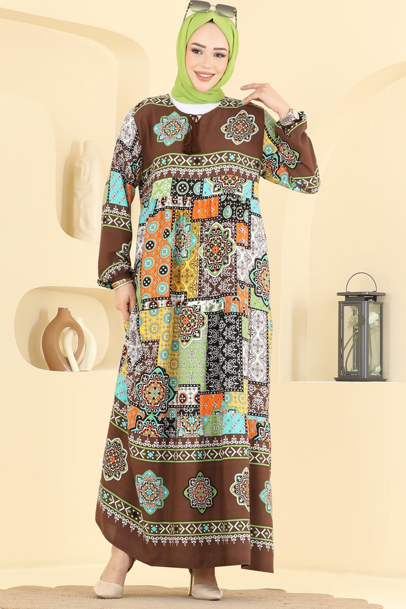 Mixed-Print Viscose Dress - Brown
