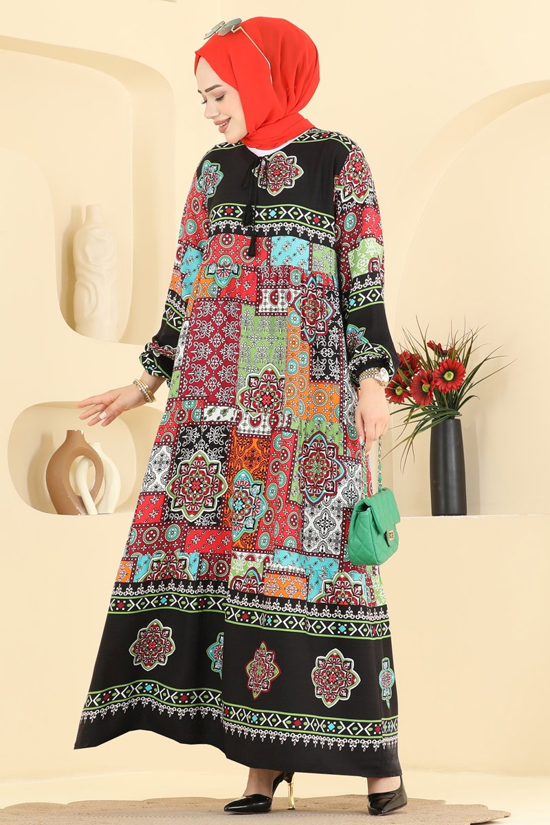 Mixed-Print Viscose Dress - Black