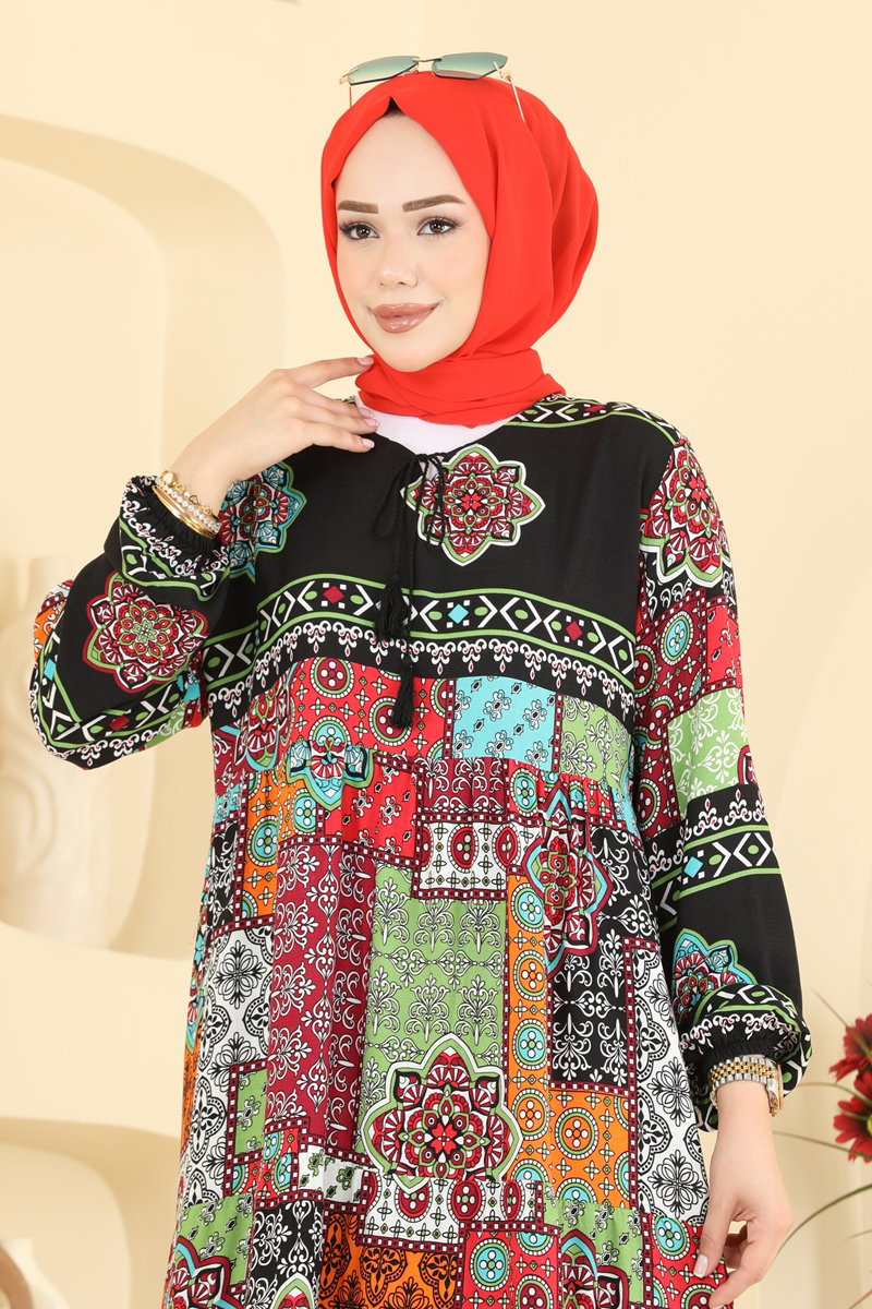 Mixed-Print Viscose Dress - Black