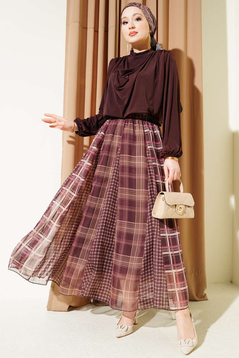 Mixed Plaid Chiffon Skirt - Brown