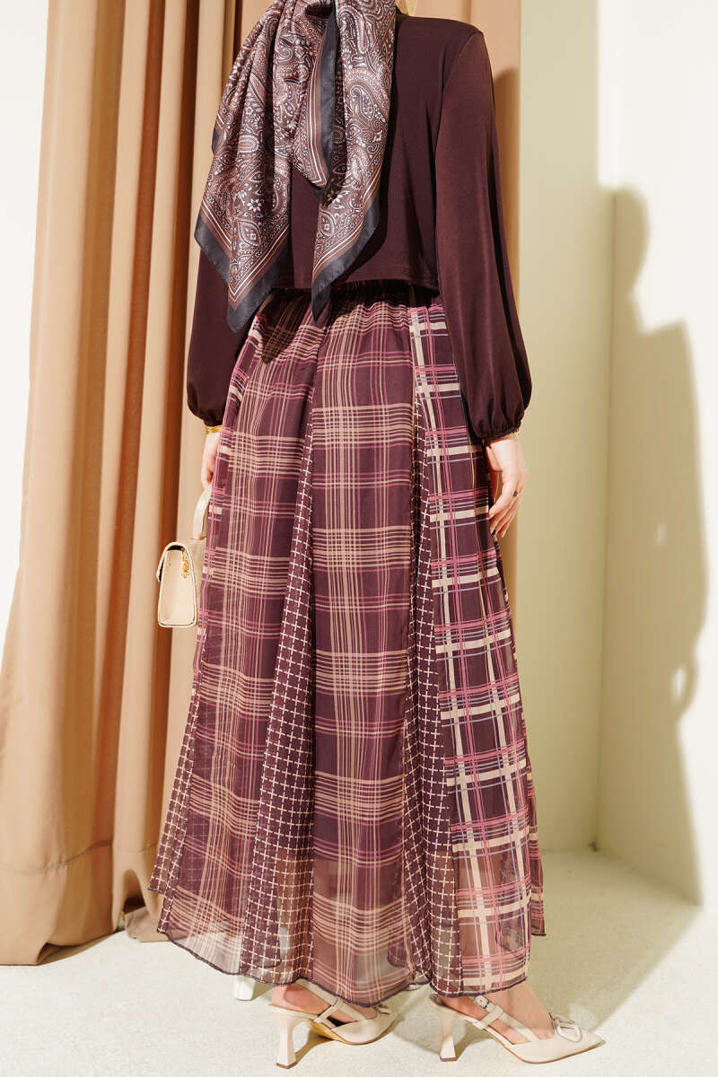 Mixed Plaid Chiffon Skirt - Brown