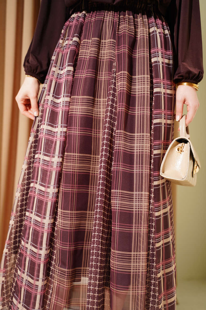 Mixed Plaid Chiffon Skirt - Brown
