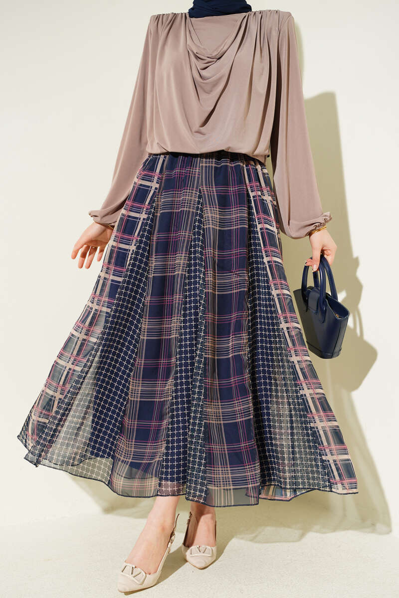 Mixed Plaid Chiffon Skirt - Navy