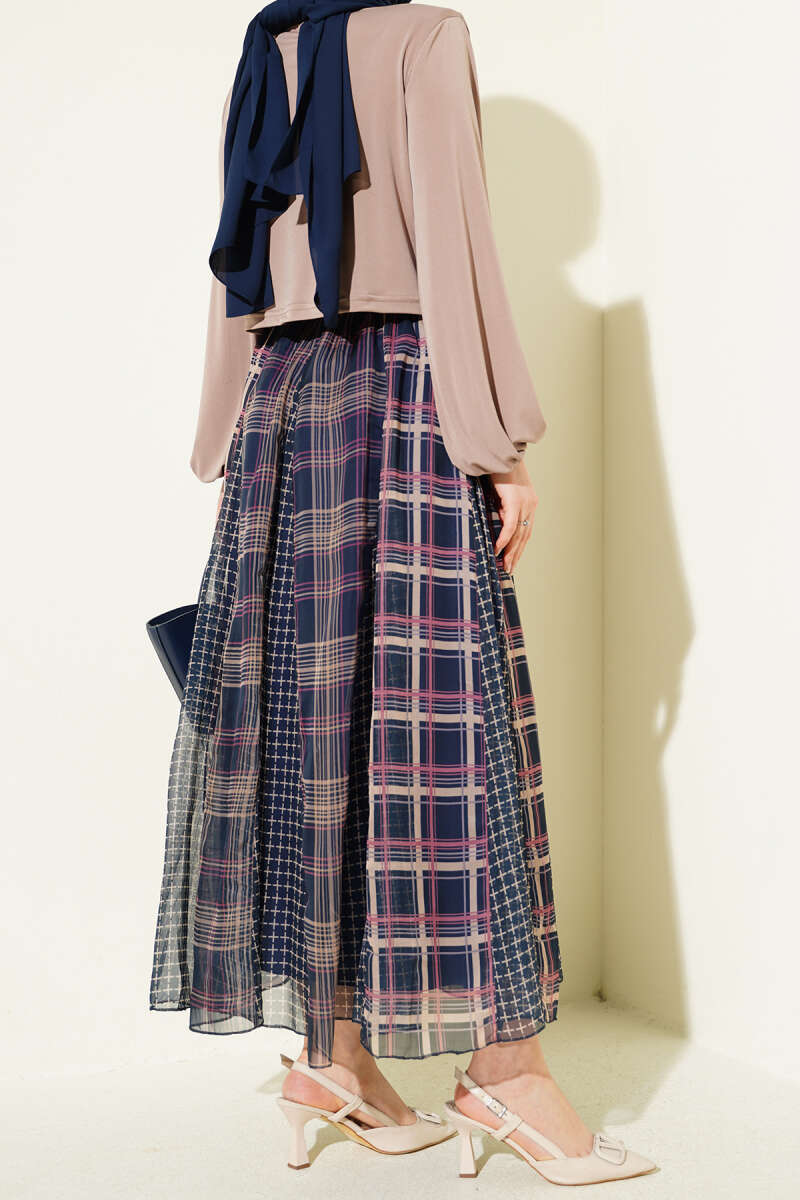 Mixed Plaid Chiffon Skirt - Navy