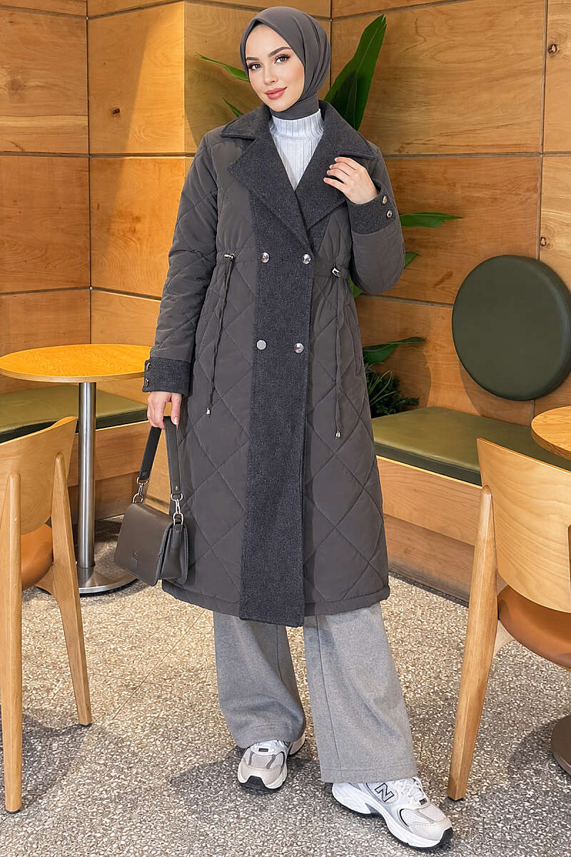 Quilted Puffer Coat with Felt Trim - Charcoal