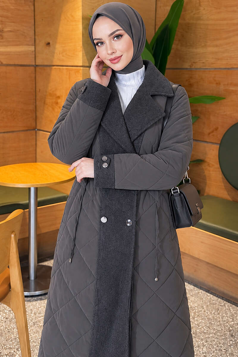 Quilted Puffer Coat with Felt Trim - Charcoal