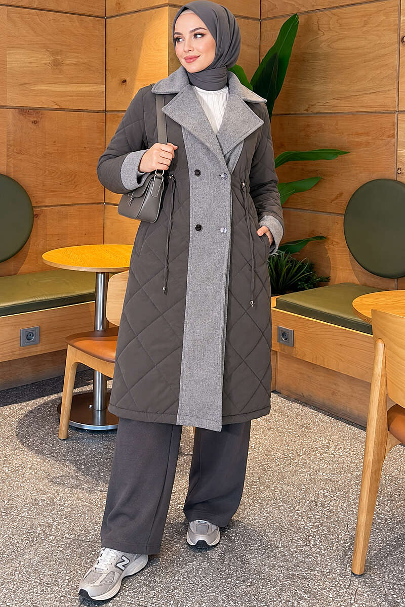 Quilted Puffer Coat with Felt Trim - Grey