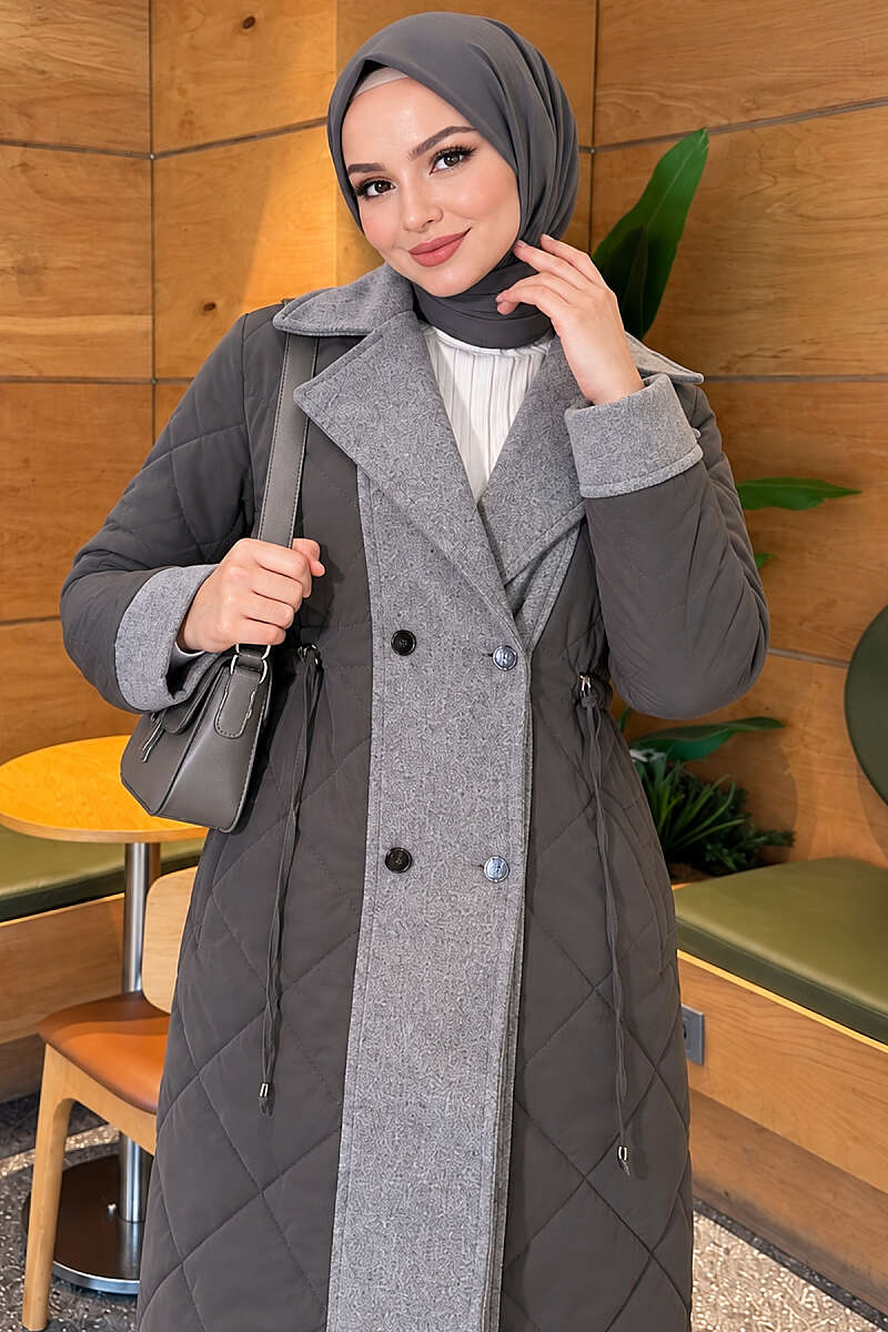 Quilted Puffer Coat with Felt Trim - Grey