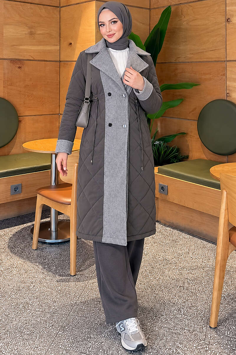 Quilted Puffer Coat with Felt Trim - Grey