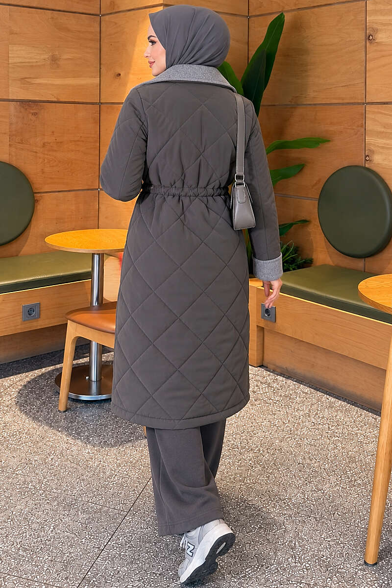Quilted Puffer Coat with Felt Trim - Grey