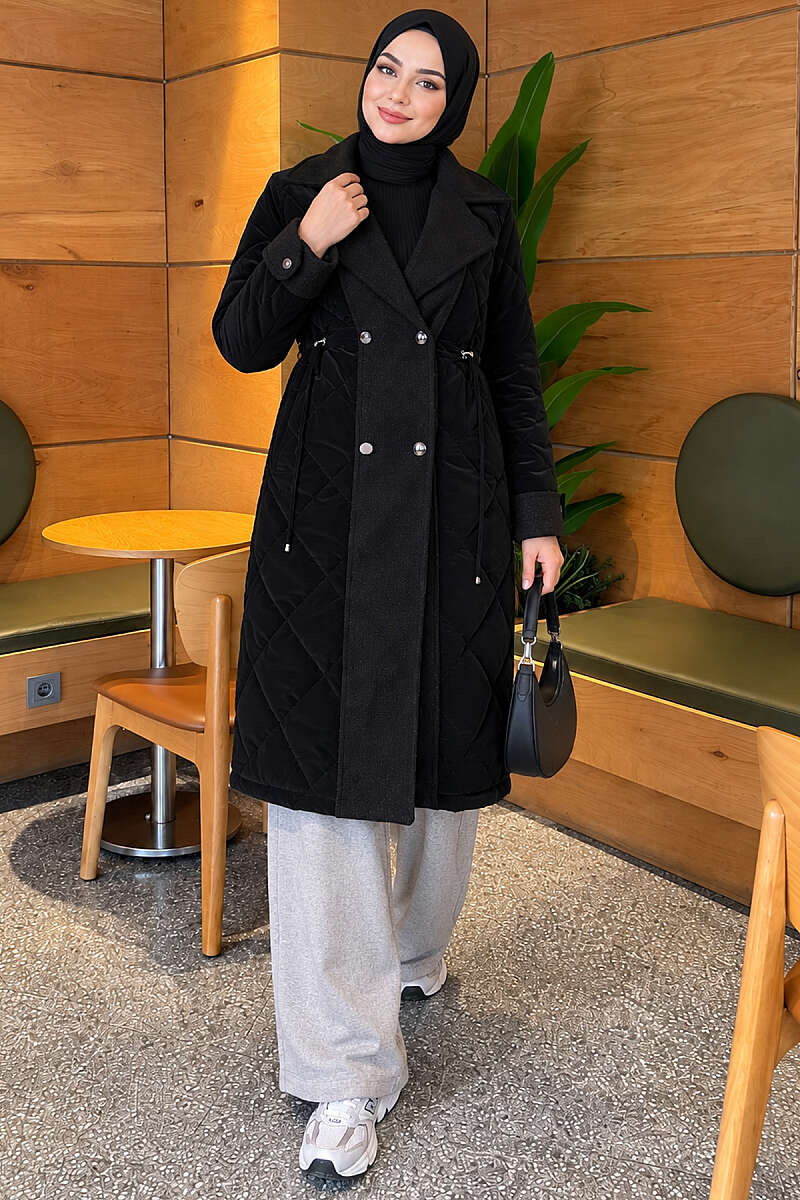 Quilted Puffer Coat with Felt Trim - Black