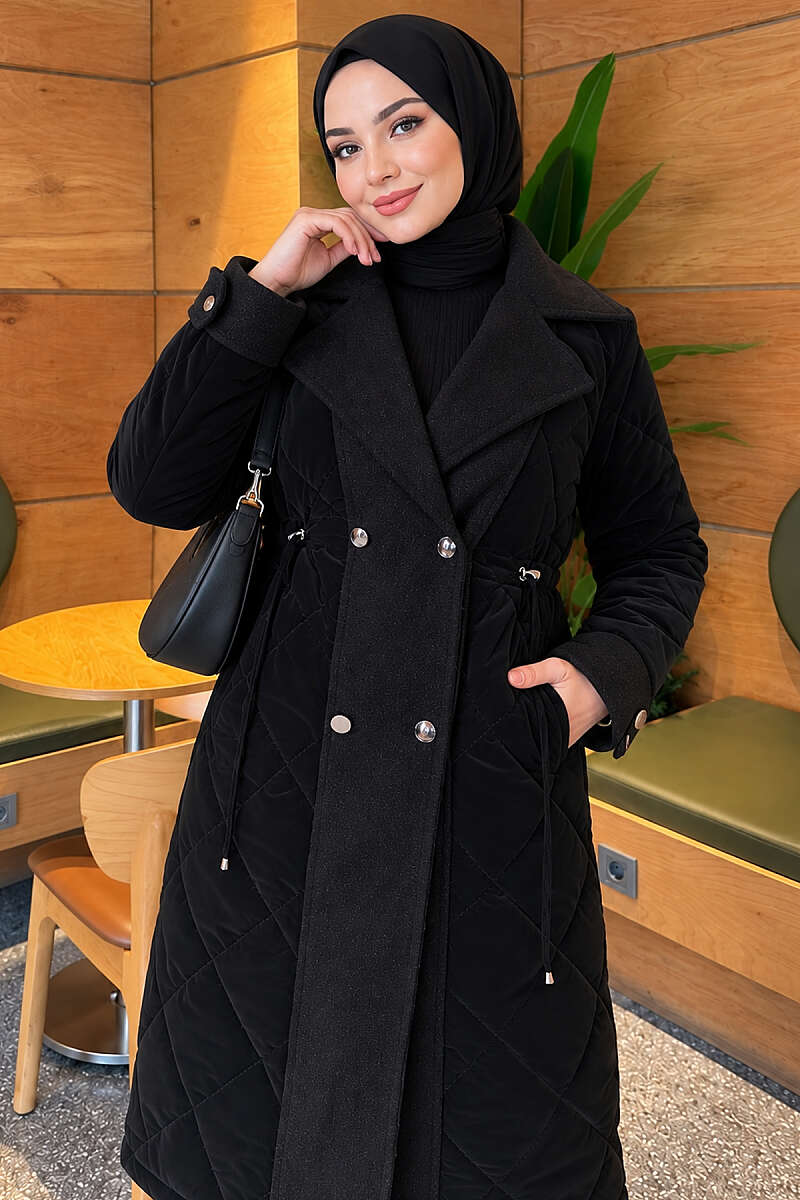 Quilted Puffer Coat with Felt Trim - Black