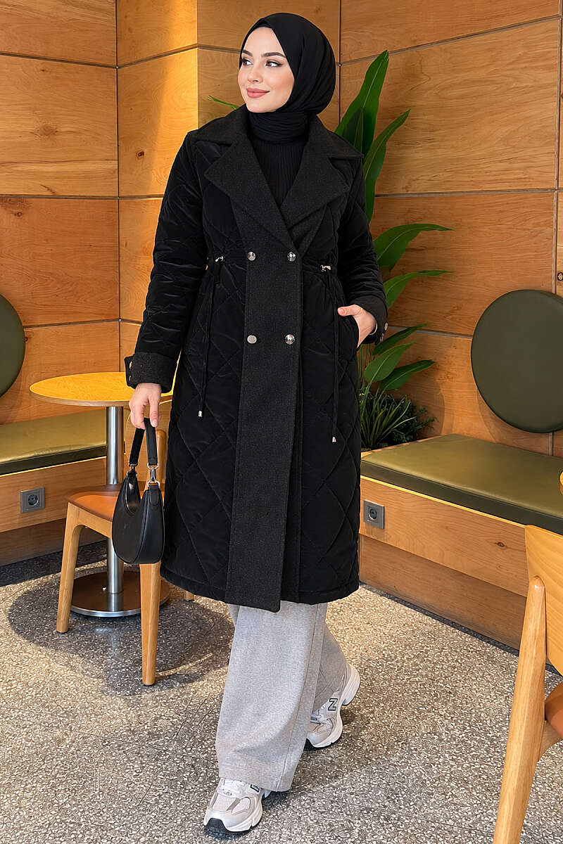 Quilted Puffer Coat with Felt Trim - Black