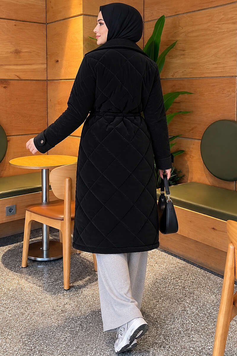 Quilted Puffer Coat with Felt Trim - Black