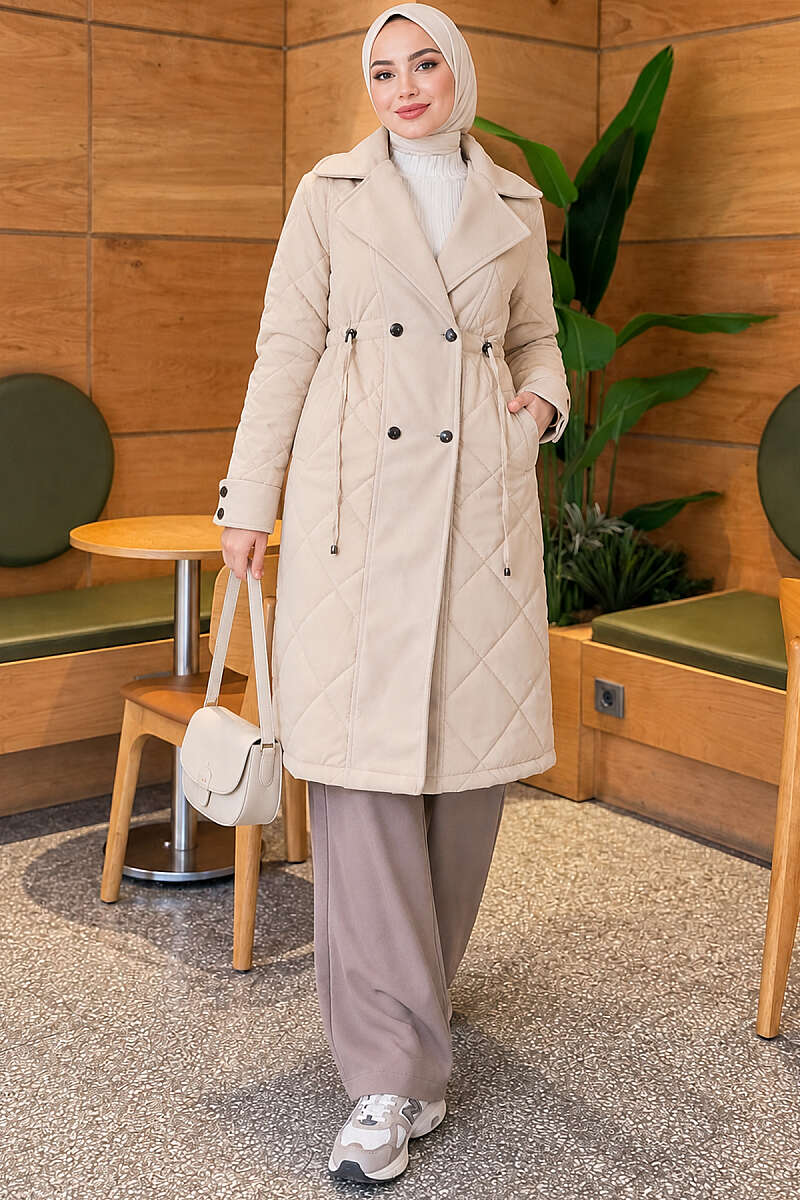 Quilted Puffer Coat with Felt Trim - Stone
