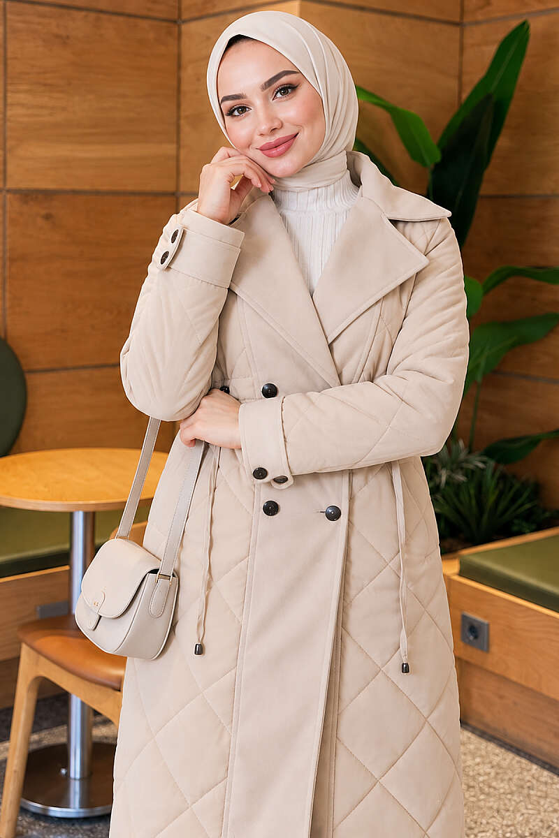 Quilted Puffer Coat with Felt Trim - Stone