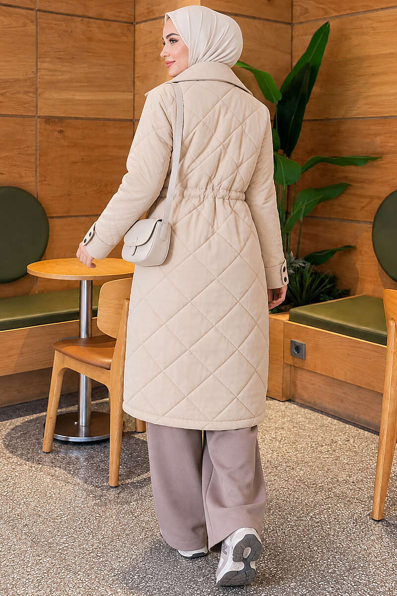 Quilted Puffer Coat with Felt Trim - Stone