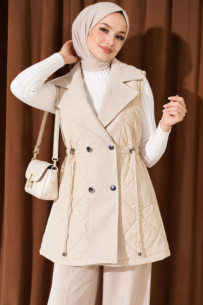 Quilted Vest with Felt Trim - Beige
