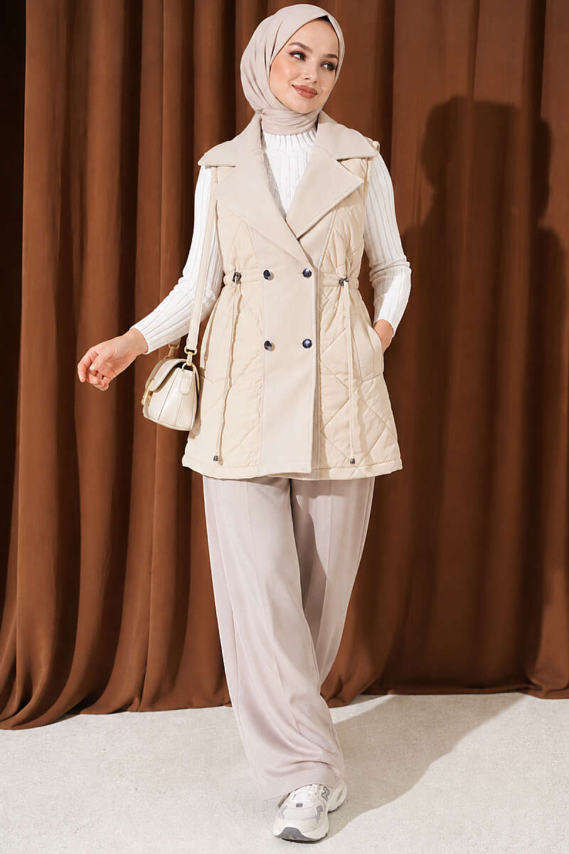 Quilted Vest with Felt Trim - Beige