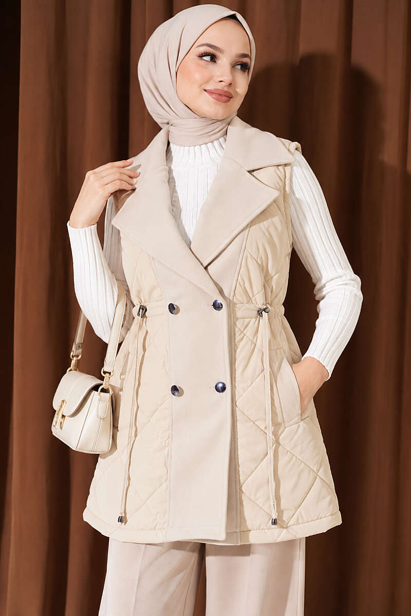 Quilted Vest with Felt Trim - Beige