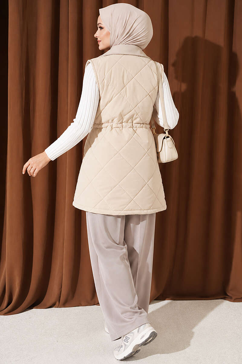 Quilted Vest with Felt Trim - Beige