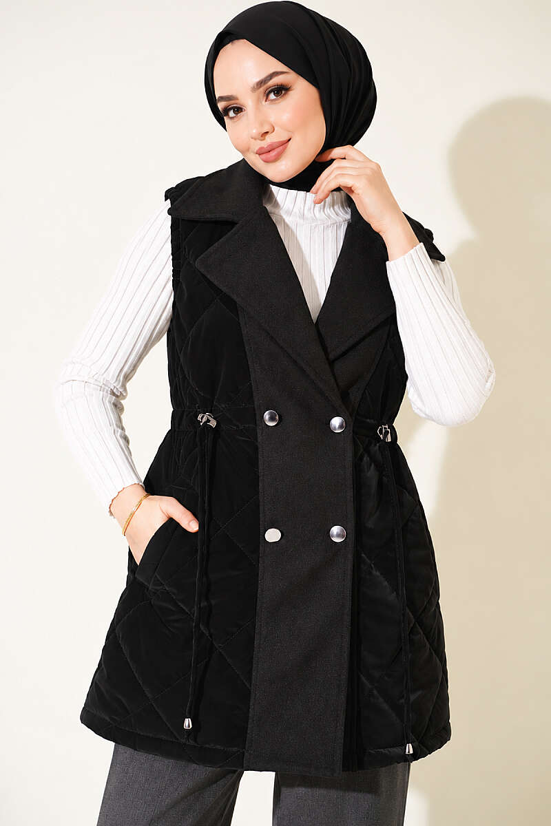 Quilted Vest with Felt Trim - Black