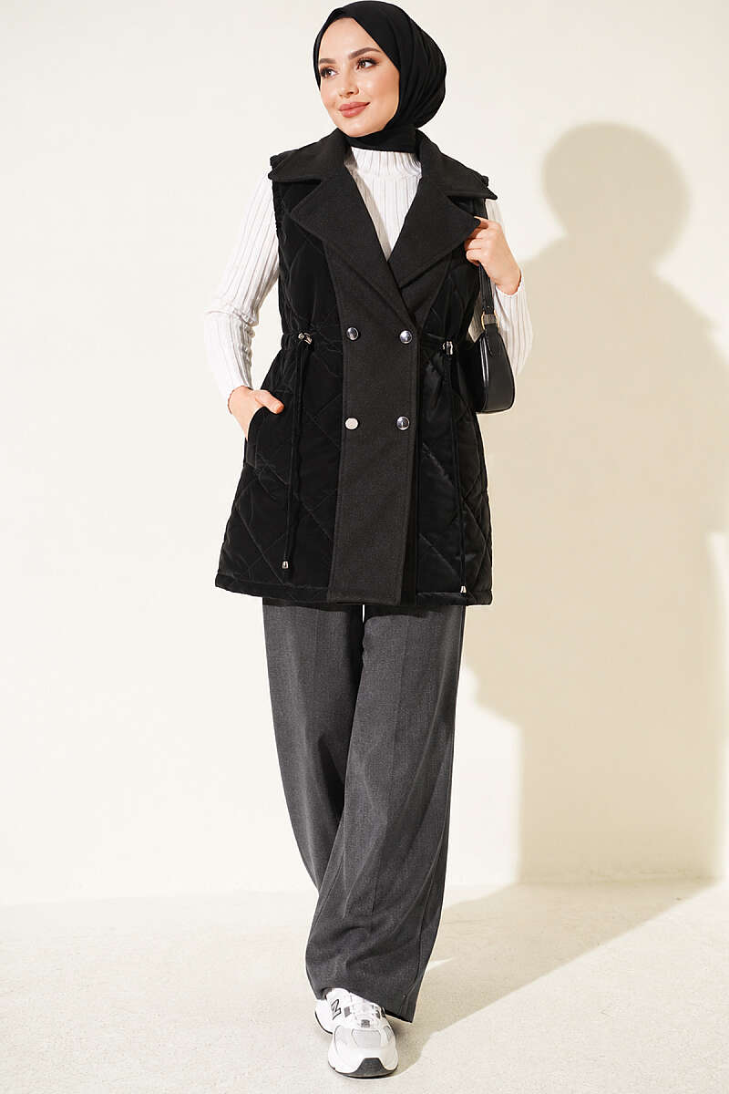 Quilted Vest with Felt Trim - Black