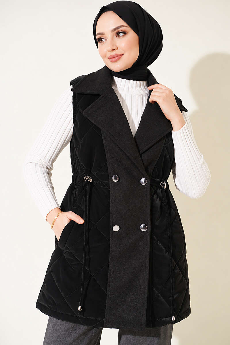 Quilted Vest with Felt Trim - Black