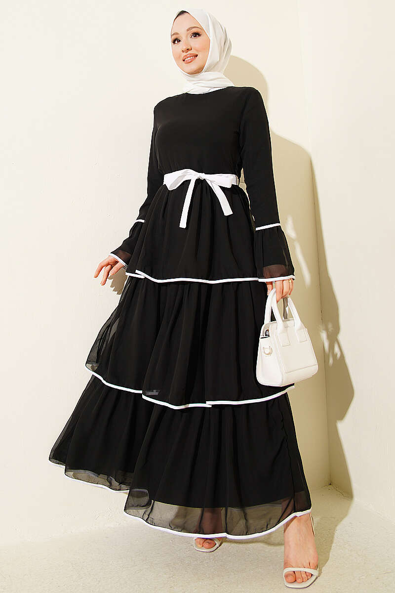 Belted Tiered Chiffon Dress with Piping - Black