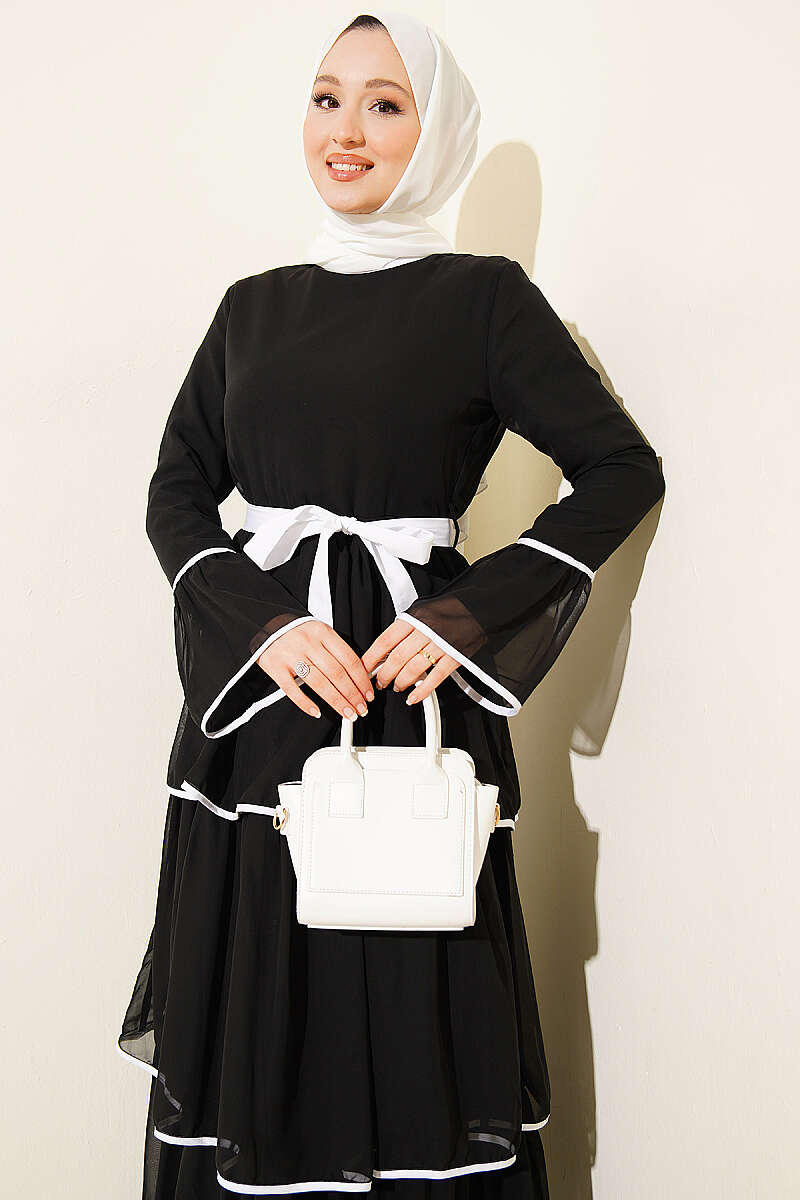 Belted Tiered Chiffon Dress with Piping - Black